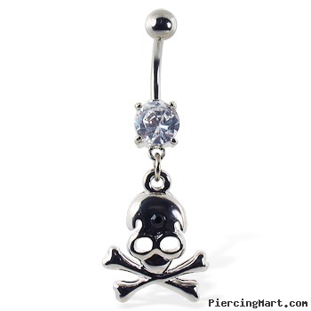 Navel ring with dangling skull and crossbones