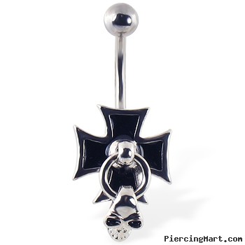 Cross navel ring with door knocker skull