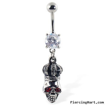 Navel ring with dangling crowned skull