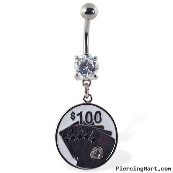 Navel ring with dangling circle with cards and "$100"