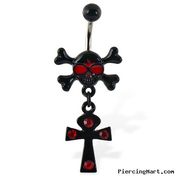 Navel ring with black skull and dangling black cross