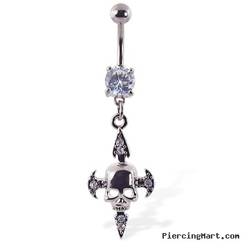 Navel ring with dangling jeweled cross with skull