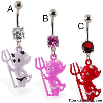 Navel ring with dangling colored devil baby