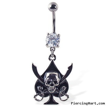 Navel ring with dangling spade with skull and swords
