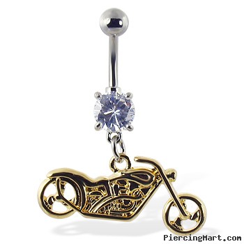 Navel ring with dangling yellow motorcycle