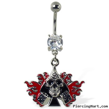 Navel ring with dangling skull with spades, dice, and flame