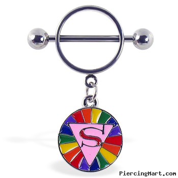 Nipple ring with dangling rainbow circle with "S"