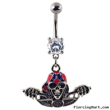 Navel ring with dangling skull with bandana on bike