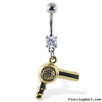 Navel ring with dangling yellow hair dryer