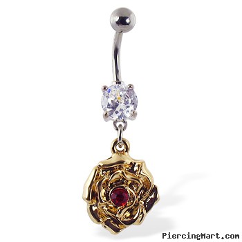 Navel ring with dangling yellow rose with red gem