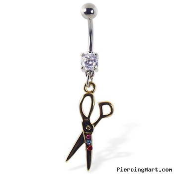 Navel ring with dangling yellow scissors with gems