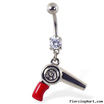 Navel ring with dangling red hair dryer