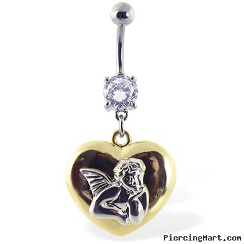 Navel Ring with Dangling Yellow Heart with Angel