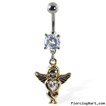 Navel Ring with Dangling Yellow Angel Baby Holding Heart Gem