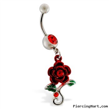 Navel ring with dangling red rose with gems