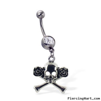 Navel ring with dangling skull and crossbones with roses