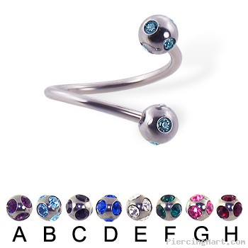 multi gem ball spiral barbell, 16 ga