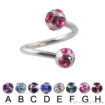 multi gem ball spiral barbell, 14 ga