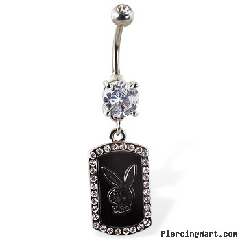 Jeweled belly button ring with dangling jeweled dog tag with Playboy bunny head