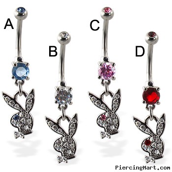 Double jeweled belly button ring with dangling jeweled playboy bunny