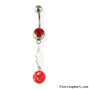 Belly button ring with dangling red ball with gems