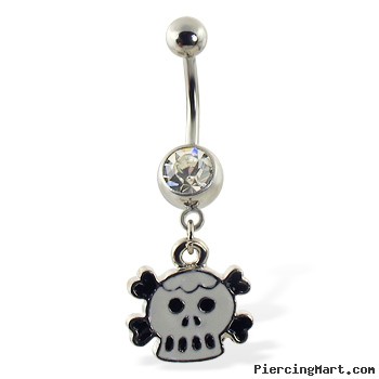 Belly ring with dangling cartoon skull and crossbones