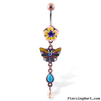 Antique looking belly button ring with flower and dangling butterfly and stones