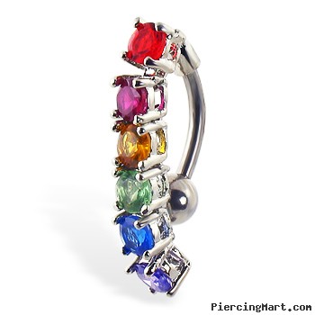 Reversed belly ring with dangling rainbow stones