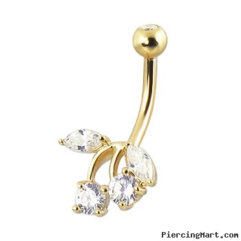 14K Yellow Gold Gemmed Cherry Belly Button Ring With Jeweled Top Ball