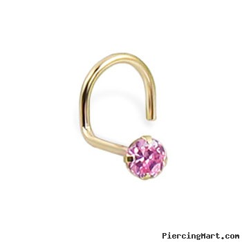 14K Real Yellow Gold Nose Screw With Round 2.5Mm Pink Cz, 20 Ga
