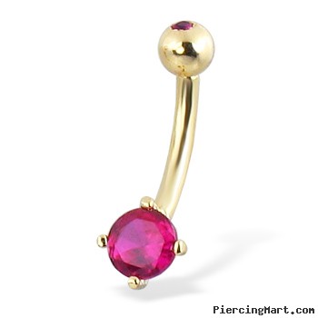 14K Yellow Gold Belly Button Ring With Round Stone And Jeweled Top Ball