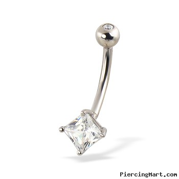14K White Gold Belly Ring with Square Gem
