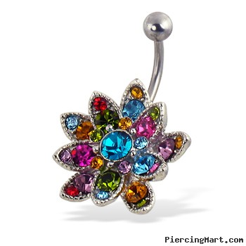 Multicolor jeweled flower belly button ring