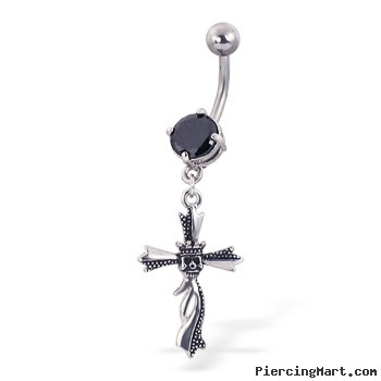 Jeweled belly button ring with dangling cross