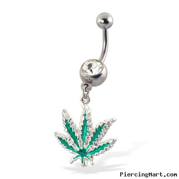 Jeweled belly button ring with dangling cannabis leaf