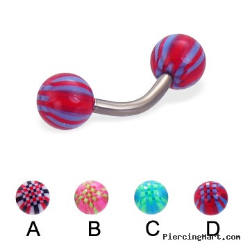 Titanium curved barbell with acrylic checkered balls, 14 ga