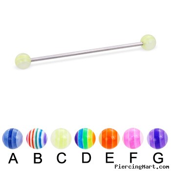 Long barbell (industrial barbell) with acrylic layered balls, 16 ga