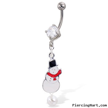 Christmas Belly Button Ring with Dangling Snowman