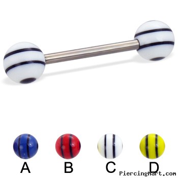 Titanium straight barbell with double striped balls, 14 ga