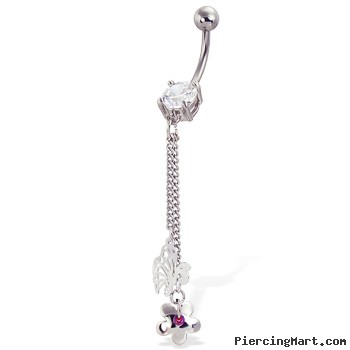 Belly button ring with flower and butterfly on chains