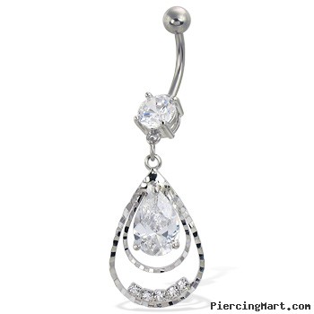 Belly button ring with big gem and teardrop dangle