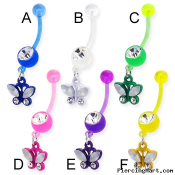 Bioplast belly button ring with dangling jeweled butterfly