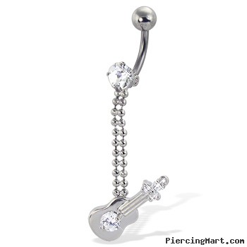 Belly button ring with gem and jeweled guitar on dangle