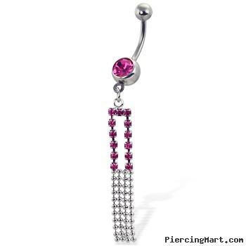 Jeweled belly button ring with rectangle jeweled dangle