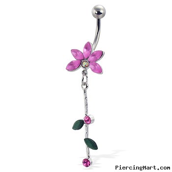 Flower belly button ring with gems and leaves on a dangle