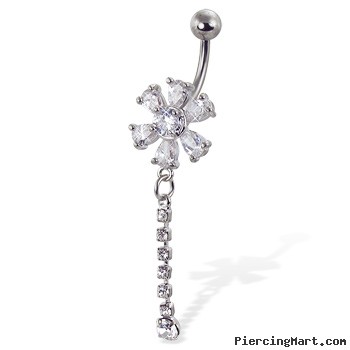 Navel ring with gemmed flower and jeweled dangle