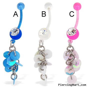 Jeweled bioplast belly button ring with dangle