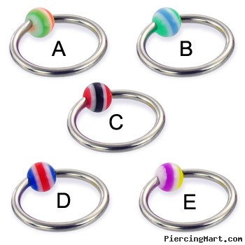 Captive bead ring with striped ball, 14 ga