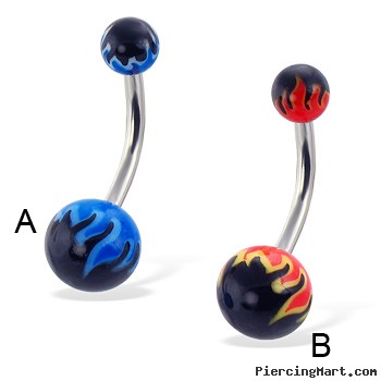 Belly button ring with flame balls