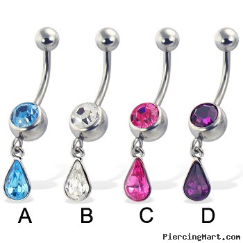 Jeweled belly button ring with dangling teardrop gem